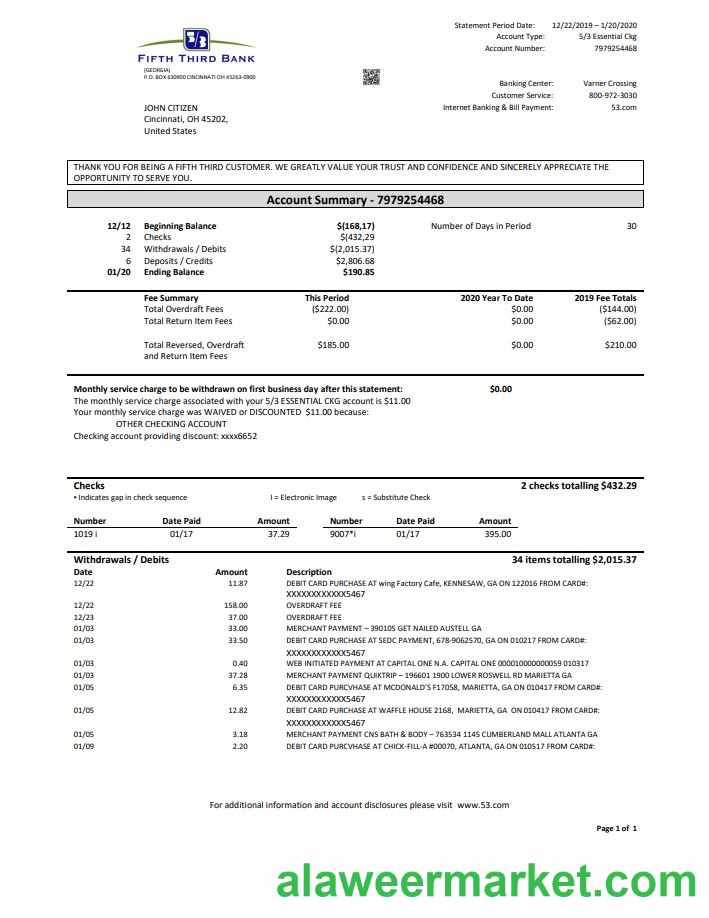 USA Fifth Third Bank statement in Word and PDF (.doc and .pdf) format, good for address prove